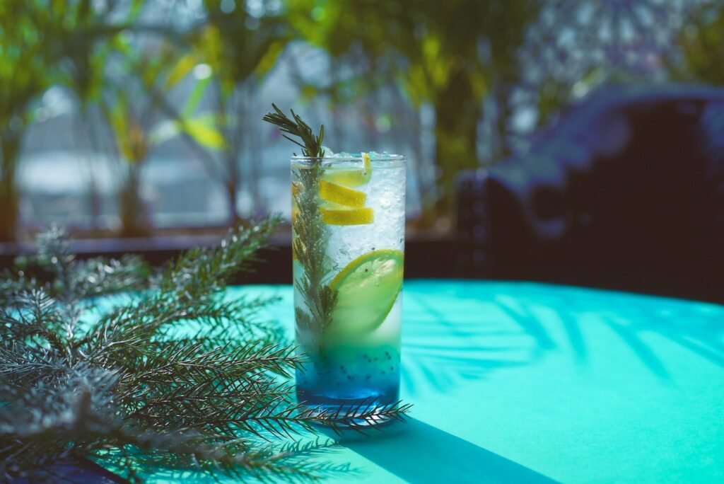 Iced fruit drink with citrus slices and leaves
