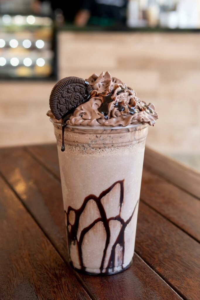 Chocolate cookie frappe topped with cream